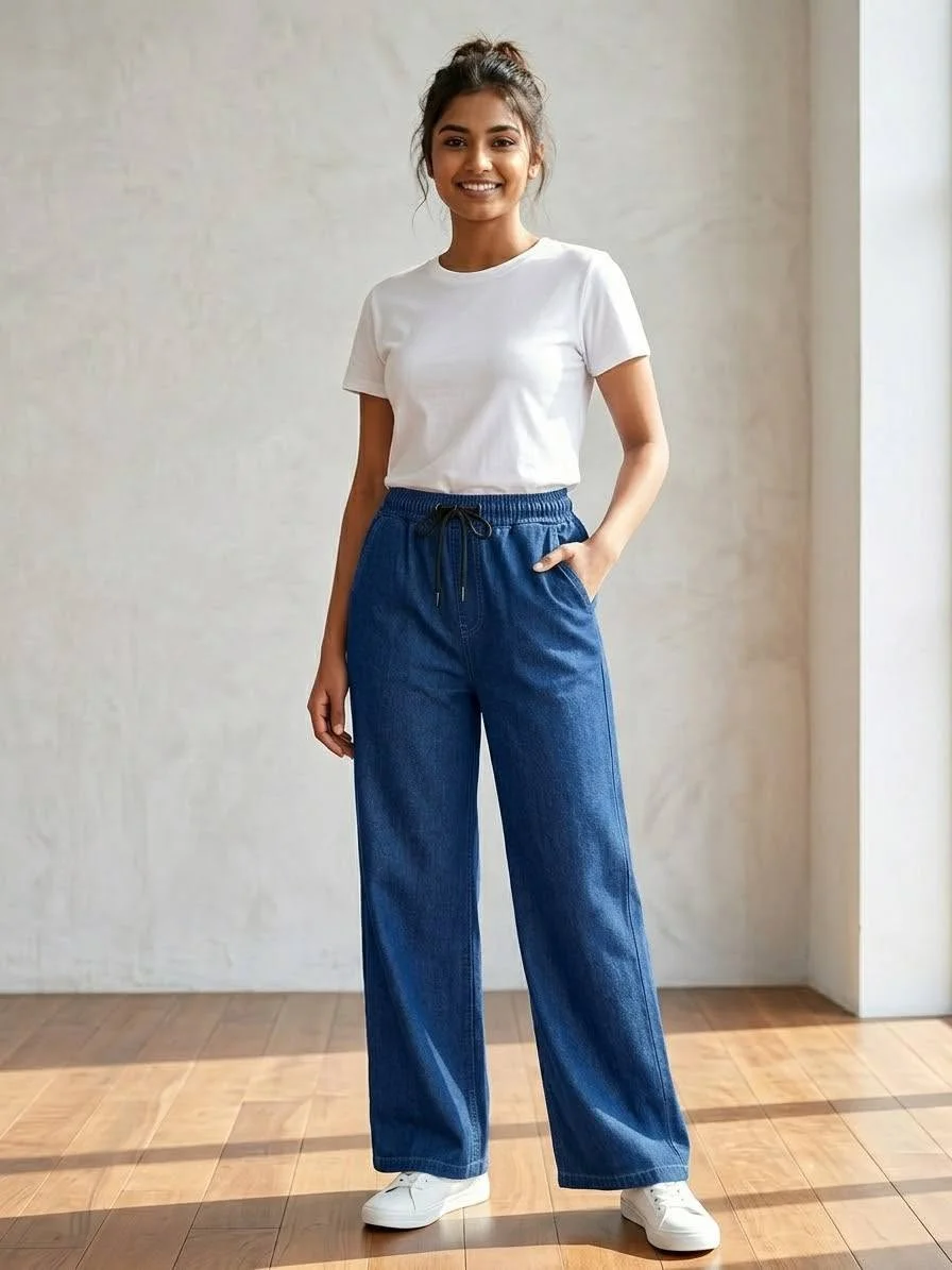 Women's Medium Blue Wide Leg Denim Pant With Drawstring (Elastic Waist)