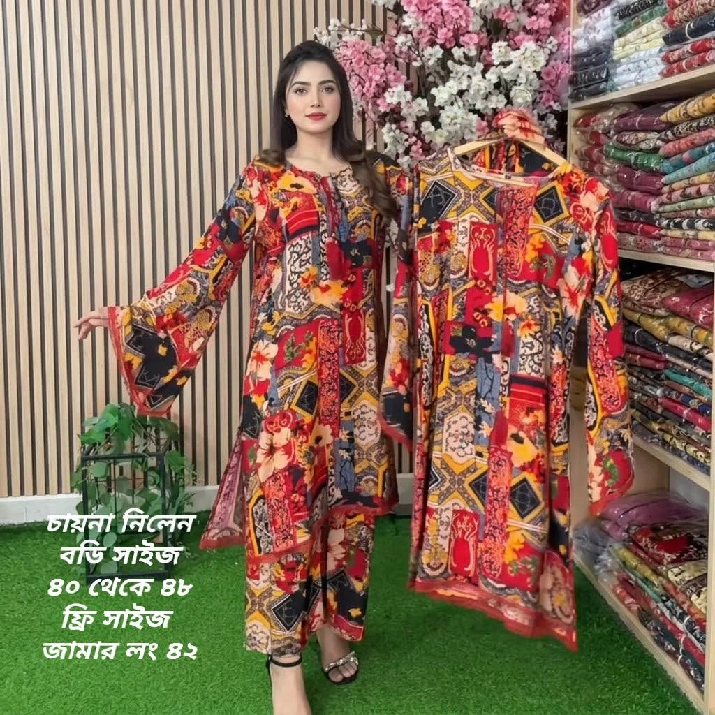 Red & Multi-Color Printed China Linen Two-Piece Set