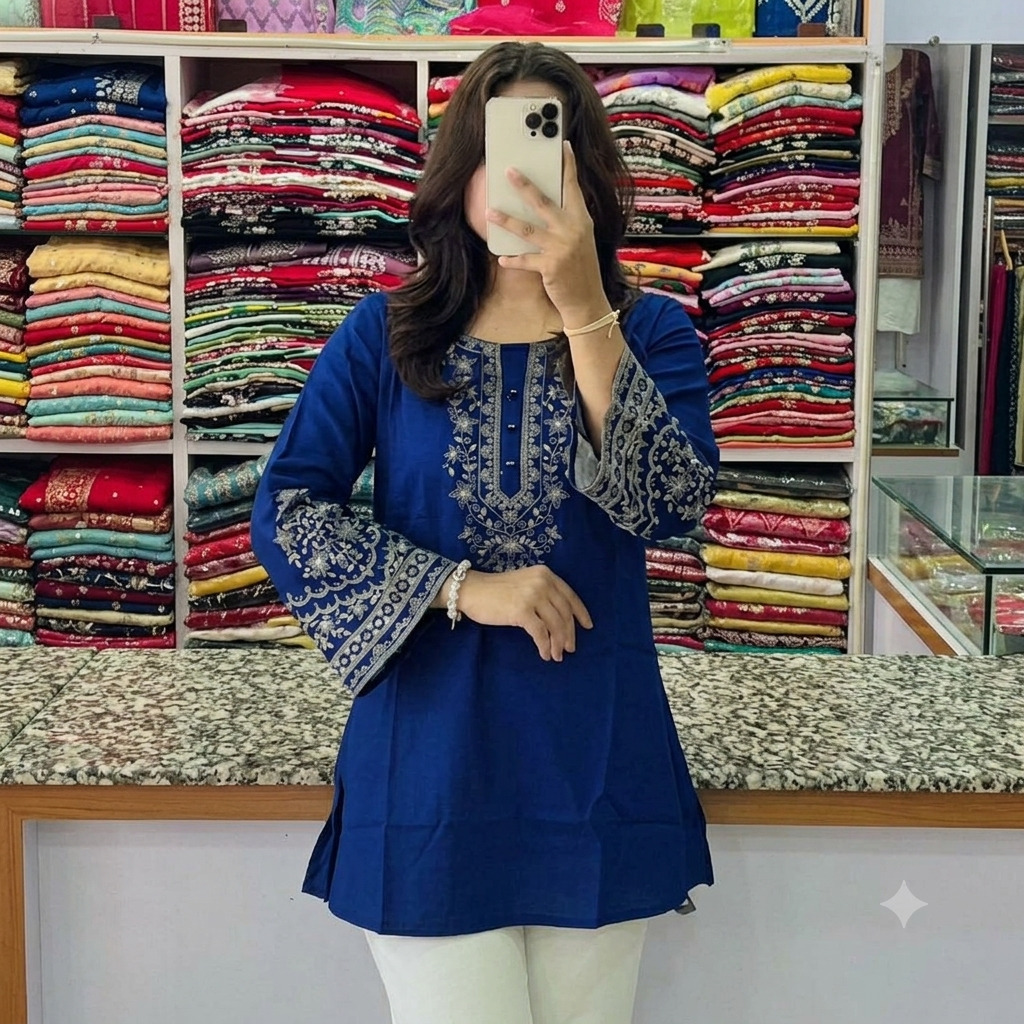Blue Color Premium VIP Linen Stylish Tops - TOPS 114