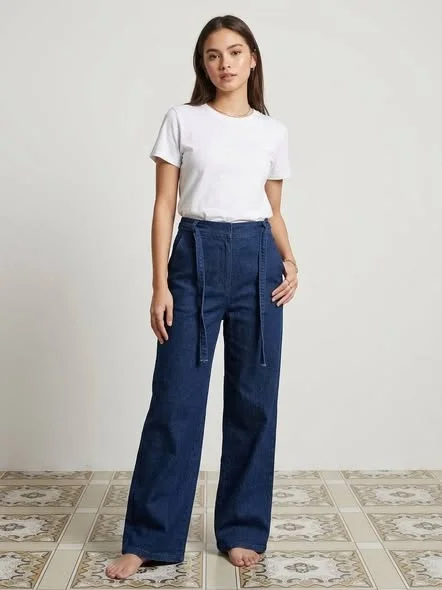 Women's Blue Wide Leg Denim Pant (Elastic Waist)