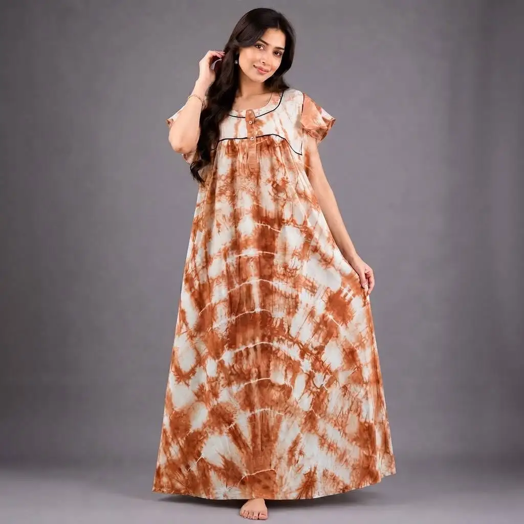 Rust Brown & White Batik Print 100% Pure Cotton Casual Maxi Dress