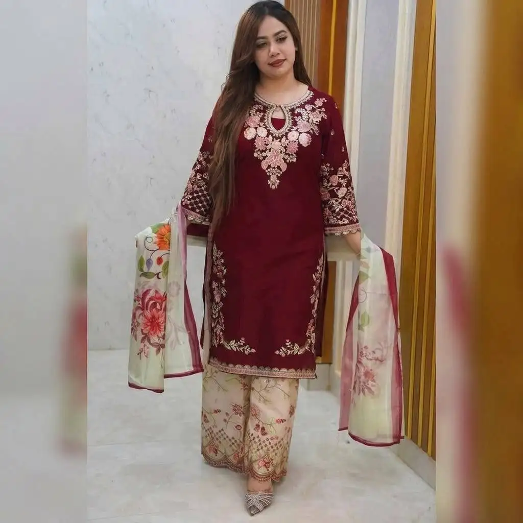 Exclusive Maroon Embroidery Three Piece Set - Printed Cotton Dupatta