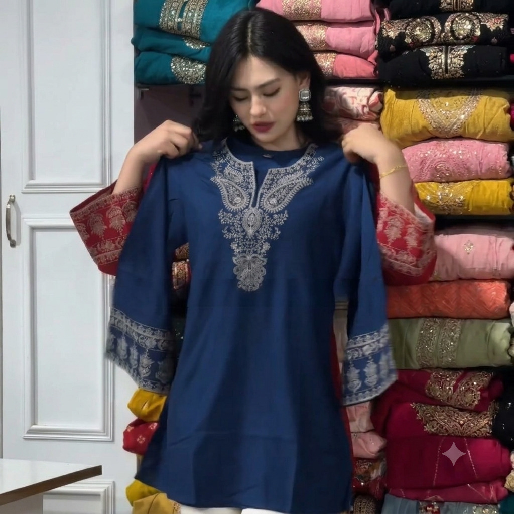 Navy Blue Premium VIP Linen Stylish Tops - TOPS 118