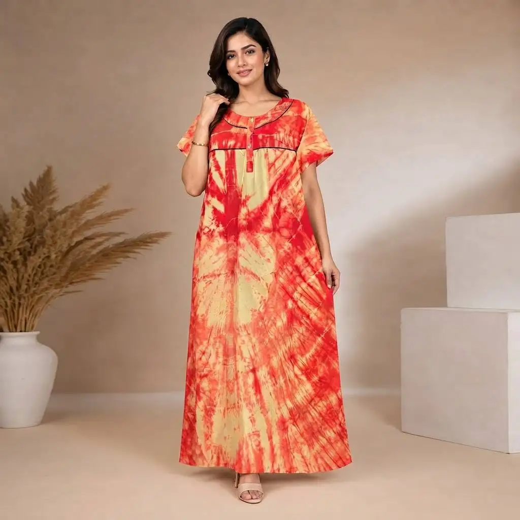 Orange & Yellow Batik Print 100% Pure Cotton Casual Maxi Dress