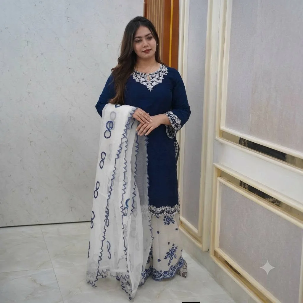 Exclusive Cotton Computer Embroidery Three Piece - Navy Blue & White