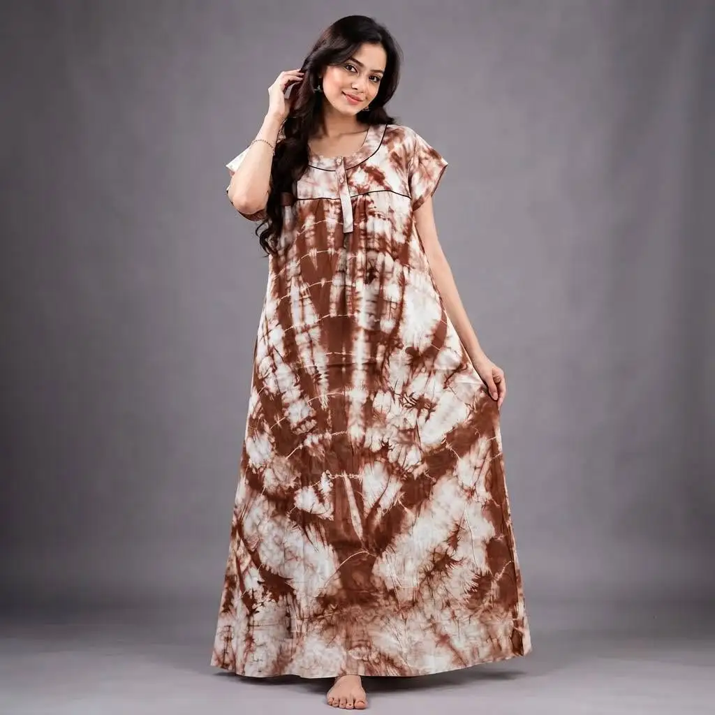 Brown & White Batik Print 100% Pure Cotton Casual Maxi Dress