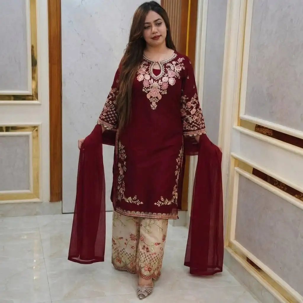 Exclusive Maroon Embroidery Three Piece Set - Georgette Dupatta
