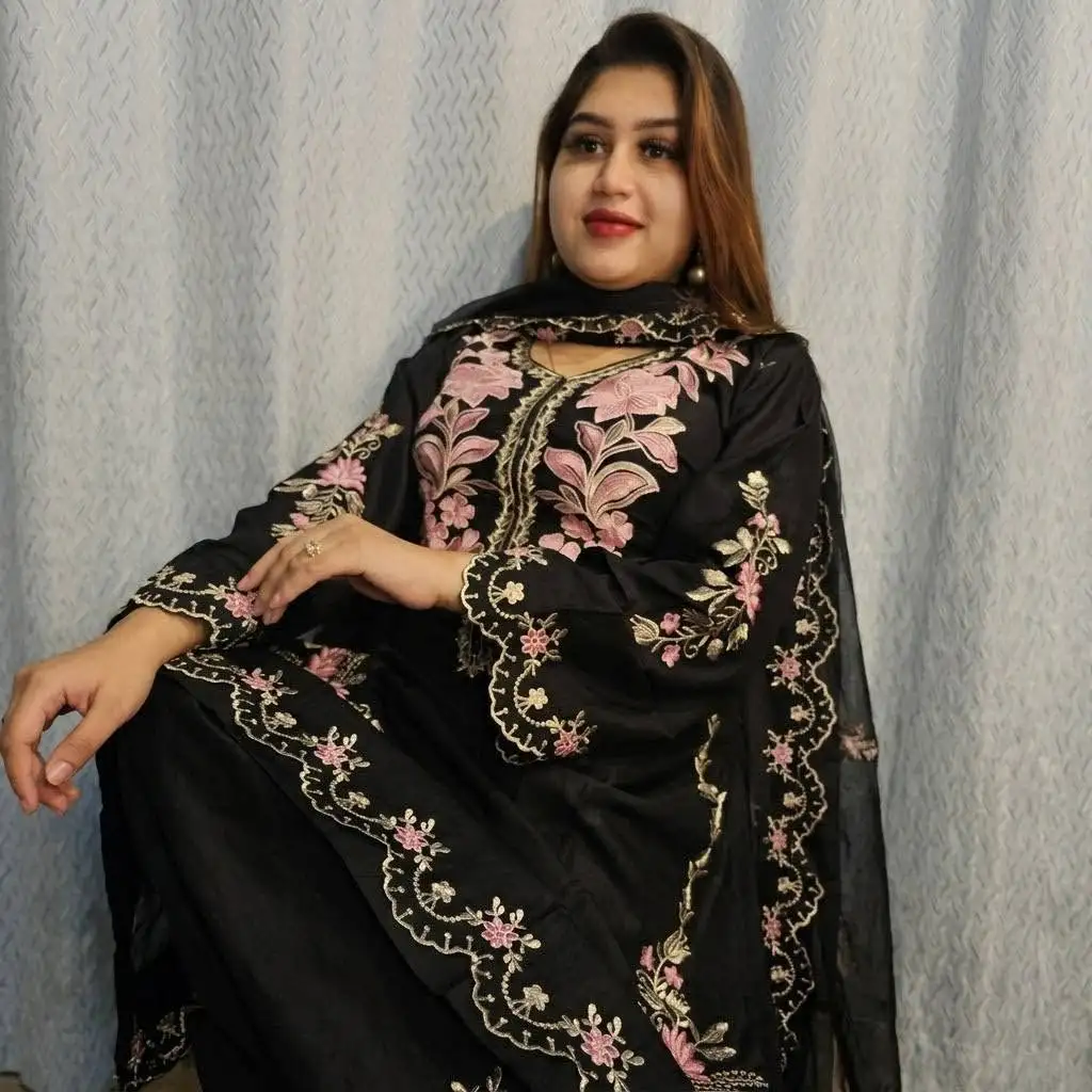 Premium Black Cotton Embroidered Three-Piece Set