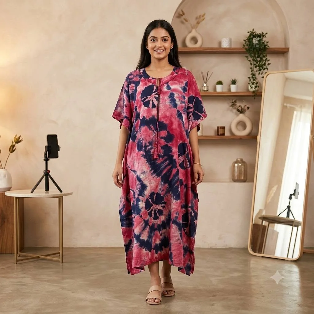 Exclusive Batik Short Kaftan - Pink & Navy Blue