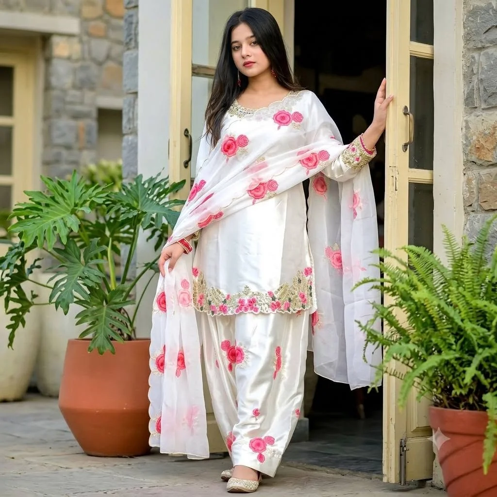 Exclusive Samu Silk Embroidery Three Piece - White & Pink